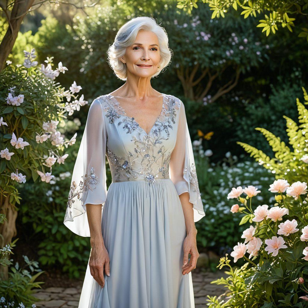 An elegant older woman with silver hair adorned in a flowing, exquisite gown, standing gracefully in a lush garden filled with blooming flowers. Her serene expression radiates wisdom and charm, with soft, diffused sunlight highlighting her features. Surround her with subtle hints of nature, like butterflies and delicate greenery, to emphasize beauty in maturity. soft focus, dreamy atmosphere, pastel colors. painting.