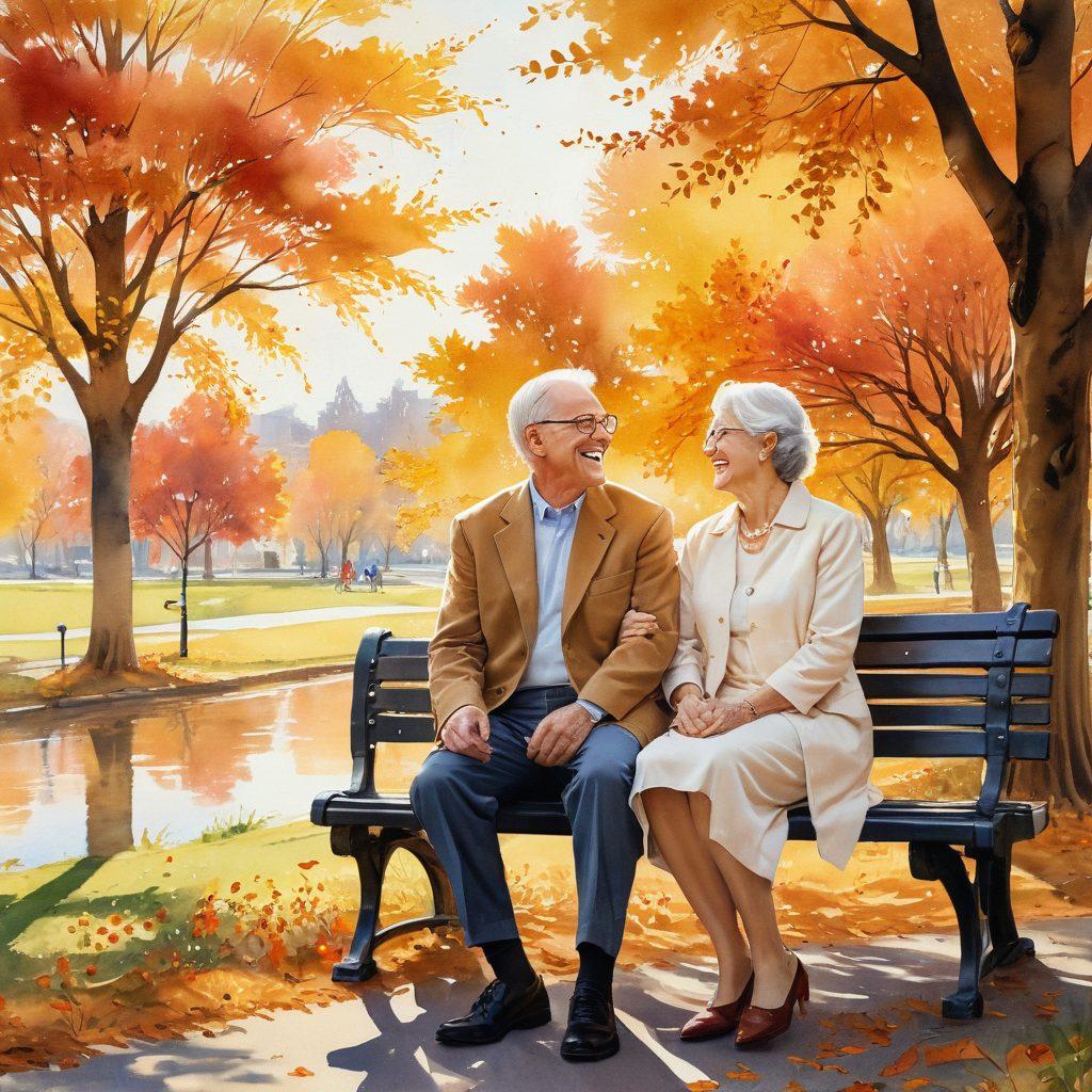 An elegant elderly couple sitting on a picturesque park bench, sharing a laugh amidst a vibrant autumn landscape with falling leaves. The scene radiates the warmth of golden sunlight, highlighting the joyful expressions of wisdom and love on their faces. Surrounding them are whimsical elements like floating memories in the air, illustrated as soft glowing orbs. Capture the essence of time beautifully with a gentle, nostalgic vibe. soft watercolor painting. warm colors. serene atmosphere.