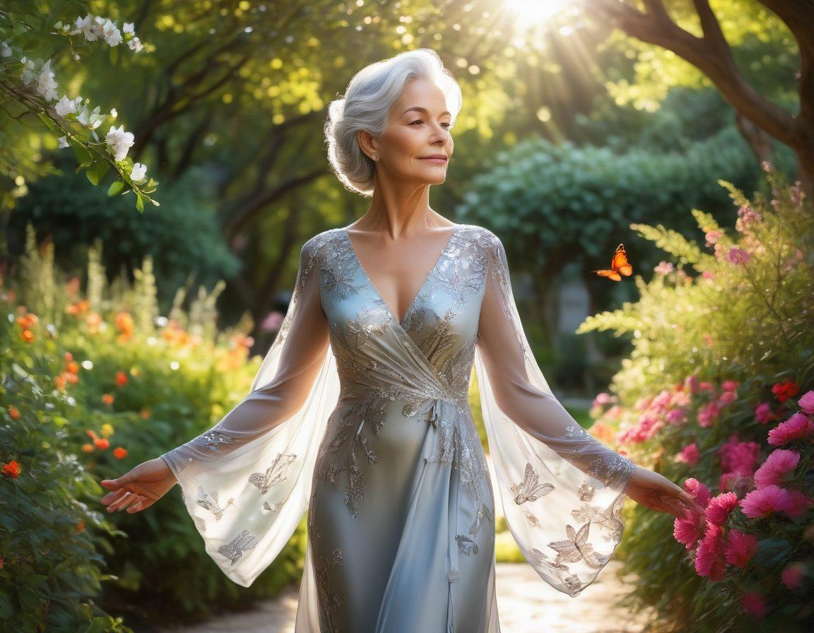 A graceful mature woman with silver hair in an elegant flowing dress, radiating confidence and sophistication, standing in a sunlit garden surrounded by blooming flowers. The scene captures a serene moment of reflection, with soft sunlight filtering through the trees, creating a warm and inviting atmosphere. Include delicate butterflies fluttering around to symbolize transformation and beauty. super-realistic. vibrant colors. natural setting.